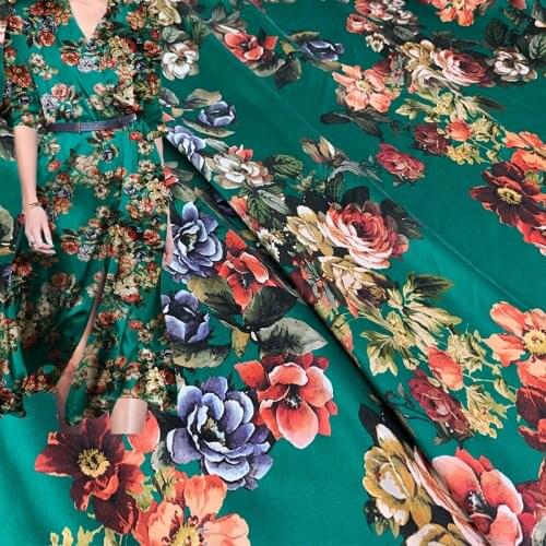 Red Raspberry 19momme Green Flowers Printed Elastic Satin Silk Fabrics Materials Women Dress DIY Sewing Cloth Freeshipping