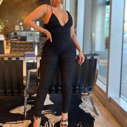 Summer Slim Solid Color Folded Sling Leggings Spaghetti Strap Deep V Neck Halter Fashion Casual Jumpsuit Black Ladies Clothing