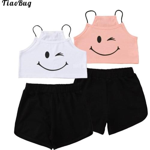 Summer 2Pcs Kids Girls Cotton Suit U Neck Spaghetti Straps Sleeveless Cartoon Smile Print Cropped T-Shirt Vest Shorts Set
