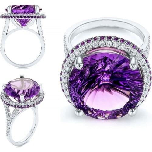 Milangirl Elegant Silver Color Purple Geometric Crystal Rhinestone Zircon Female Metal Ring for Women Party Jewelry Size 5-11