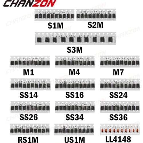 SMD Fast Switching Schottky Diode Assorted Kit Set (M1 M4 M7 S1M S2M S3M SS14 SS16 SS24 SS26 SS34 SS36 RS1M US1M LL4148)