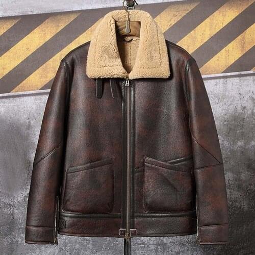 2020 New Mens Shearling Jacket Short Fur Coat Brown Leather Overcoat Winter Warm Parkas Sheepskin Outerwear