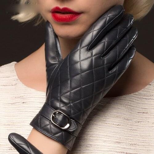 Sheepskin Real Leather Gloves Female Plus Velvet Leather Gloves Autumn Winter Keep Warm Diamond Pattern Womans Gloves NW701-1