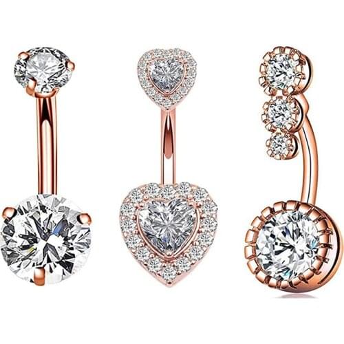 3Pcs 14G Surgical Steel Belly Button Rings Halo Round Love Heart Clear CZ Navel Ring Curved Barbell Studs Sexy Body Piercing