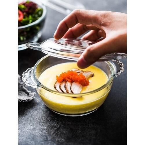 PASA Glass Bowl Transparent Tempered Mini Bowl Household Steam Eggs Heat-Resistant Bowl round with Lid