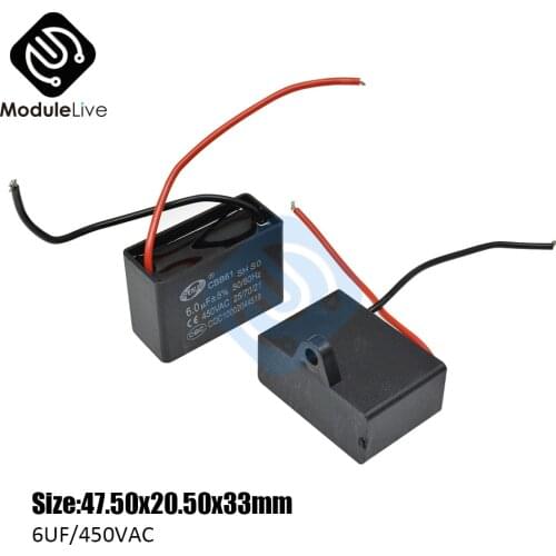 CBB61 Starting Capacitance AC Fan Capacitor 2 Wires 6UF/450V AC Terminal Ceiling Fan Motor Rectangle Capacitor