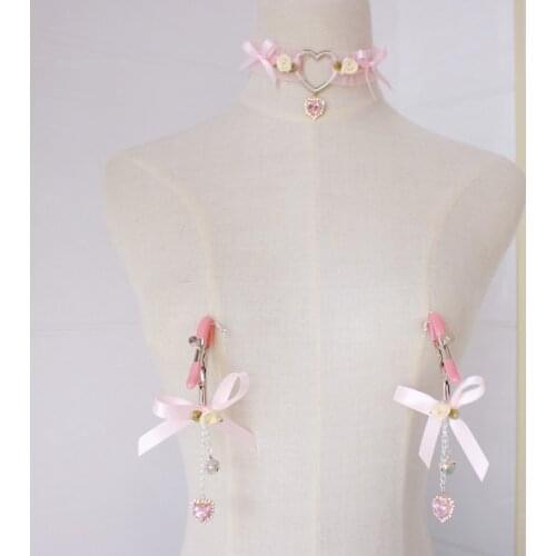 Handmade Lolita Princess Theme Pink Ribbon Rose Bow Heart Pendant Nipple Clamp Breast Clip & Choker Necklace Exotic Apparel