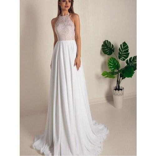 Chiffon Satin Lace Halter Backless Floor-Length A-Line Wedding Dresses Sweep Train Custom Made Bridal Gowns