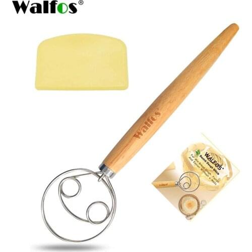 Walfos Danish Dough Whisk Stainless Steel Bread Mixer With Dough Scraper Double Holes for Cooking Blending Whisking Beating