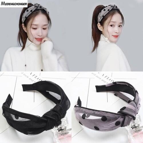 Women New Elastic Hair Hoop Polka Dot Mesh Knotted Hair Bezel Headband Simple Wide Side Fashion Hairbands Retro Hair Accessories