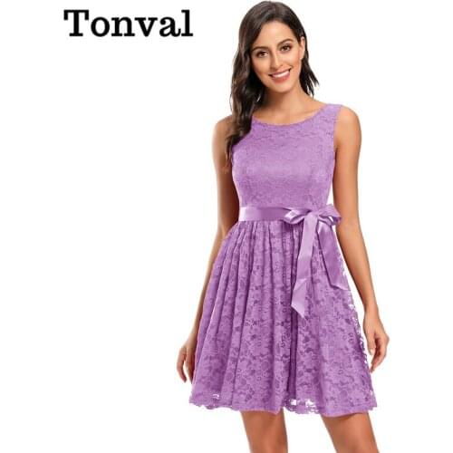 Tonval Lavender Elegant Sleeveless A Line Lace Mini Dress Party Women O-Neck High Waist Vintage Pleated Dresses with Belt
