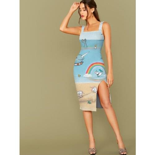 3D Dress Unicorn Dress Women Animal Vestido Sexy Rainbow Side Slit Dresses Flame 3d Print Hip Hop Bodycon Dress Womens Clothing