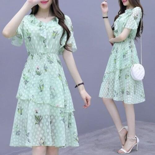New Style Popular Knee-length Sweet Floral Print Chiffon Lotus Leaf Short Sleeve Scoop A-line Women Blue Green Plus Size Dress