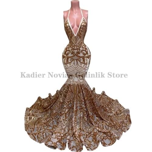 Gold Womens Mermaid Prom Dresses 2021 Backless Abendkleider Evening Party Gowns Beauty Pageant Dresses