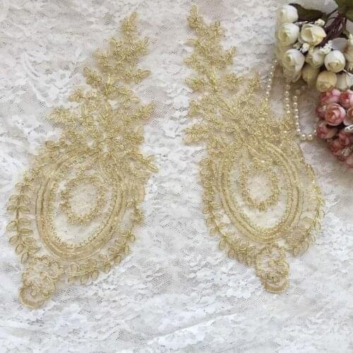 2Pcs 29X15cm Delicate Lace Trim Applique Trimming Luxury Embroidery Light Gold Lace Fabric for Wedding Dresses