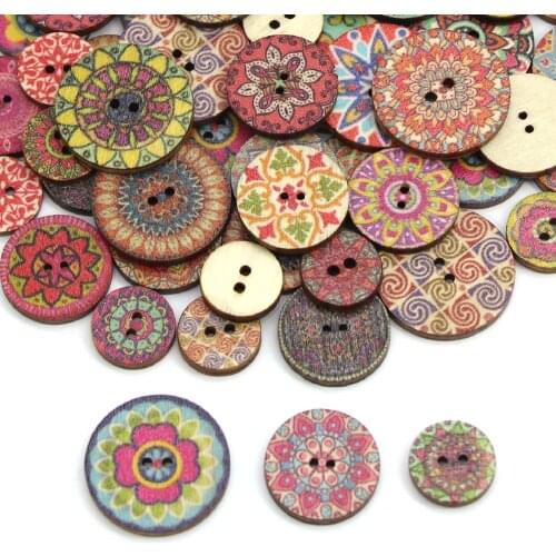 50Pcs Mandala Style Button Round Wooden Buttons 2 Holes Art Pattern Sew Buttons DIY Scrapbooking Clothes Garment Accessories