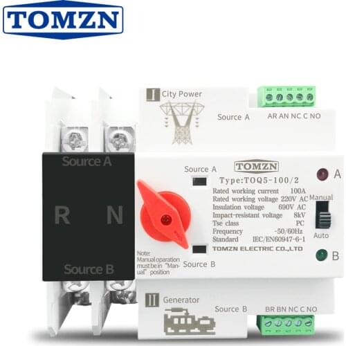 TOMZN Single Phase Din Rail ATS Dual Power Automatic Transfer Electrical Selector Switches Uninterrupted 2P 63A 100A 125A