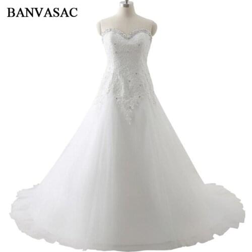 BANVASAC 2017 New A Line Luxury Crystals Sweetheart Wedding Dresses Embroidery Sleeveless Satin Sweep Train Lace Bridal Gowns