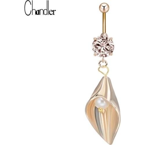 Calla Lily Navel Belly Button Ring Lab Pearl Gem Zircon Body Piercing Jewelry Women Austrian Crystal nombril Fashion Bijoux