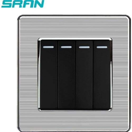 SRAN UK 4Gang 1/2way rocker switch,250V 16A light switch stainless steel silver edge panel 86mm*86mm black