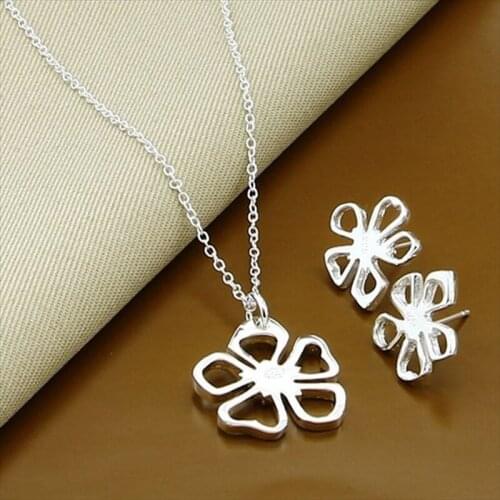 New Fashion 925 Silver Jewelry Sets Beautiful Plant Flower Pendant Necklace Earrings Set For Women Female Gifts