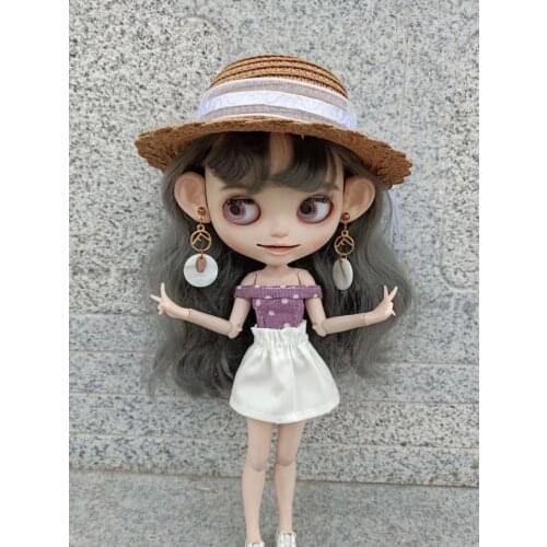 Blythes doll size fashion sexy purple dot one-line shoulder top + white versatile slim bud skirt new two-piece set