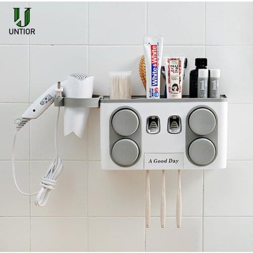 UNTIOR Wall Mounted Toothbrush Holder Plastic Toothpaste Dispenser Hair Dryer Storage Rack Multi Bathroom Accessories Set 4 Cups