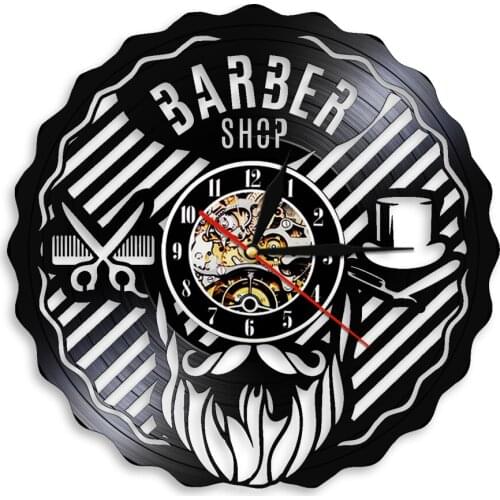 Barber Shop Hair Salon Vinyl Record Wall Clock Mustache Gentleman Hairdresser Toolkit Wall Decor Clocks Watch Hairdresser Gift