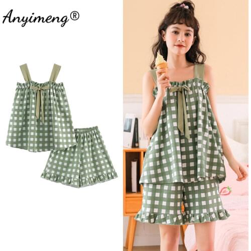 Pijamas Women Sleepwear Summer Camisolas Young Womens Home Clothing Sets Kawaii Bear Printing Soft Texture Cotton Pajamas Set