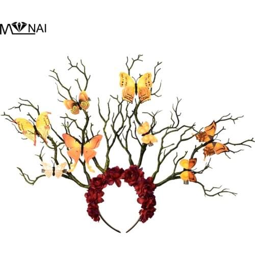 Long Antler Tree Branches Headband Props Horns Hair Accessory Cosplay Headpieces Kwaii Butterfly Flowers Horn Fancy Headdress