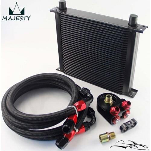 Universal 34 Row 248mm AN10 Engine Transmission Oil Cooler British Type + Aluminum Filter Adapter Kit Blue/Black
