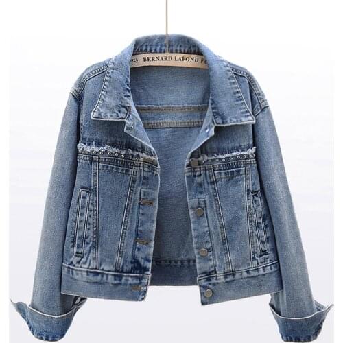 2021 Spring Autumn Vintage Rivet Jeans Jacket Women Korean Outerwear Long sleeve Casual Slim Short Blue Denim Jacket Coat Female