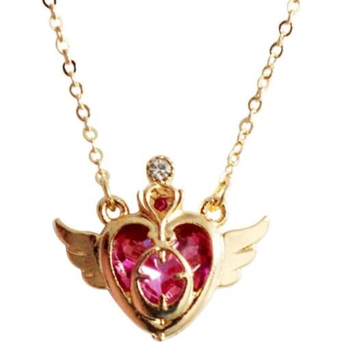 Sailor Moon Hollow Heart Pink Stone Angel Wing Pendant Necklace For Women Girls Gifts
