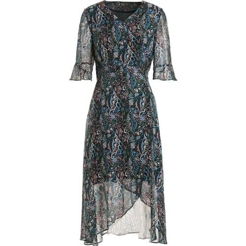 Gowani Women Summer Casual Floral Printed Beach Style Dresses Fashion V-neck Half Sleeve Ladies Silk Midi Dress