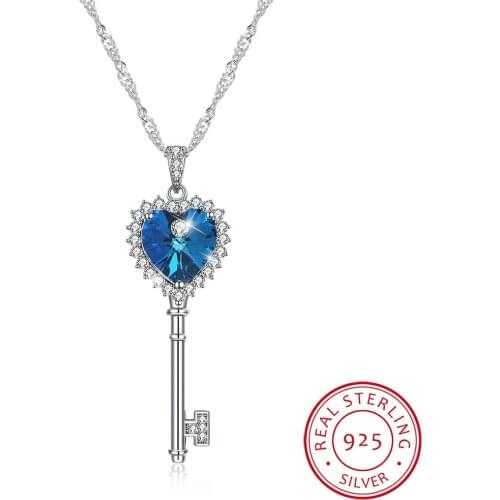 LEKANI Crystals Blue Purple Heart Key Pendant Necklaces Real 925 Silver Fine Jewelry For Women Chic GIFT