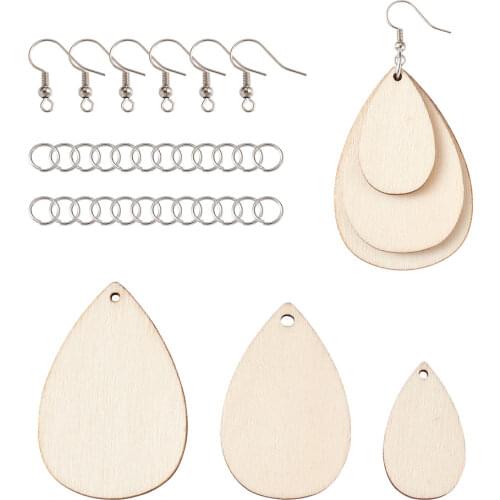 Set Unfinished Blank Natural Wood Pendants Geometric Charms with Jump Ring Earrings Hooks for DIY Wooden Dangle Earrings Crafts