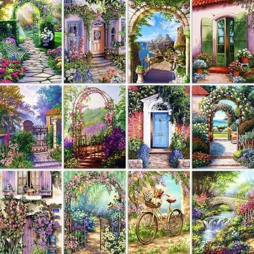 Rhinestone Painting Decoration DIY Diamond Painting "garden Landscape Door" 3D Cross Stitch Landscape Diamond Embroidery