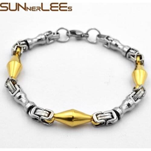 SUNNERLEES Stainless Steel Bracelet High Polish 7mm Geometric Link Chain Silver Color Gold Plated Men Women Jewelry Gift SC186 B