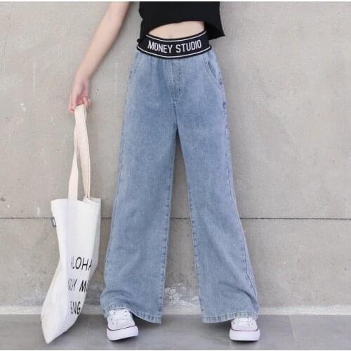 Teenage Girls Jeans 2021 Spring Summer Casual Fashion Loose Blue Kids Leg Wide Pants School Children Trousers 6 8 10 12 Year
