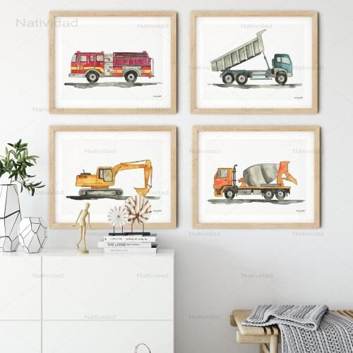 Truck Excavator Watercolour Canvas Painting Cartoon Vehicle Pictures Wall Art Posters and Prints Kids Room Boys Bedroom Decor