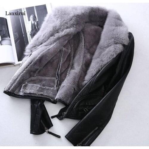 Fake sheep PU leather jacket big fur collar black color new fashion high quality man made sheepskin wintershort coats outwear