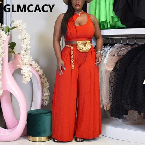 Two Piece Summer Chic Suits Sleeveless Crop Top & Wide Leg Pants Set