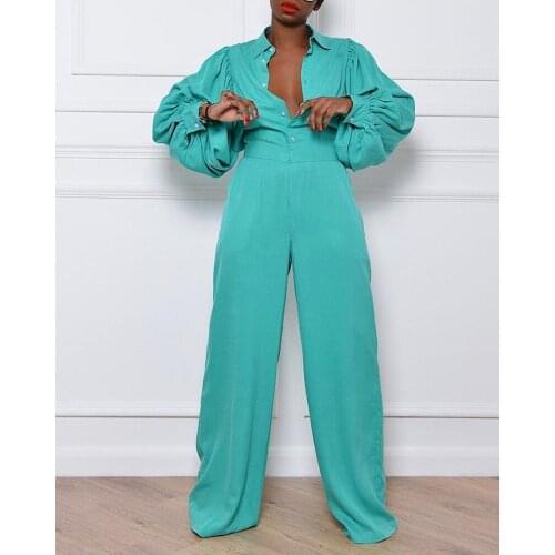 Fashion Plus Size V Neck Button Solid Color Loose Long Lantern Sleeve 5XL Office Lady Jumpsuit