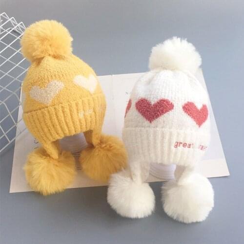 New Childrens Hat Winter Thickened Warm Ear Protection Woolen Cap Super Cute Love Baby Knitted Hat Boys and Girls Hair Ball Cap