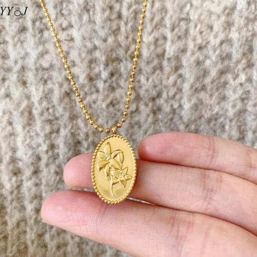 Lily flower oval coin pendant gold long necklace for women stainless steel vintage ball chain sweater necklace fashion dainty