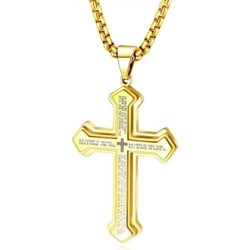 JHSL Stainless Steel Blue Black Gold Color Big Cross Lords Prayer Necklaces Pendant for Men Fashion Jewelry