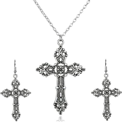 1/Set of Christian Baroque Cross Pendant Vintage Bohemian Style 1980 Madonna Gothic Necklace Earrings Jewelry Set