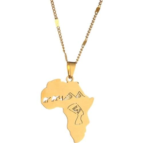 Stainless Steel Africa Map with Egyptian Queen Nefertiti Camel Pyramid Pendant Necklaces Jewelry Gifts