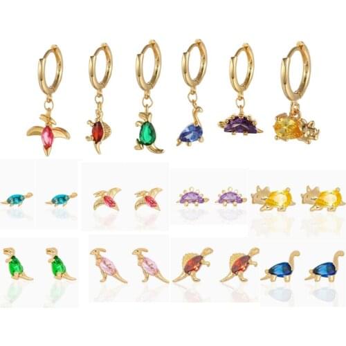 OTOKY Ins Zircon Dinosaur Stud Earrings Women Simple Cute silver-plated Color Animal Drop Earrings Copper alloy Piercing Jewelry