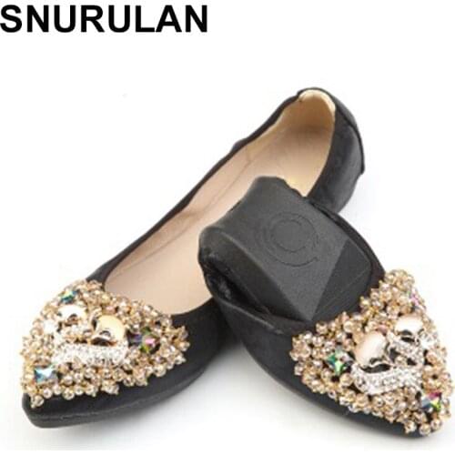 SNURULAN Women Foldable Flat Ballet Flats For Dancing Pointed Toe Thermoplastic Shoes Cute Crystal Plus Size 34-3 Gold Silver